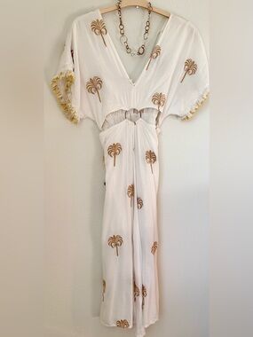 Z&L Europe White Palm Embroidered Midi Dress Boho Resort Fringe Sleeve
